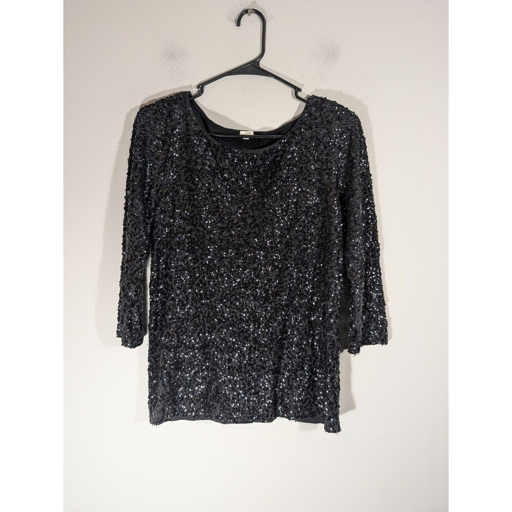 J. Crew Womens Black Sequins 3/4 Sleeve Top Sz S Luxe Party Cocktail Holiday